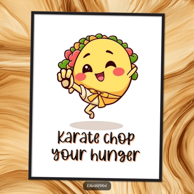 Funny digital art print of a happy taco character excitedly doing a karate kick, instant vibrant decor.