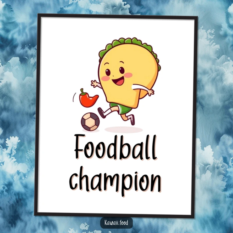 Funny digital art print of a smiling taco character gleefully kicking a tiny chili pepper soccer ball, embodying playful action.