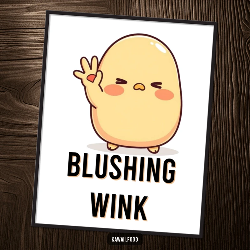 Funny Tamagoyaki Wink Digital Art Print: A blushing tamagoyaki character waves shyly with a cute wink, offering sweet and humorous decor.