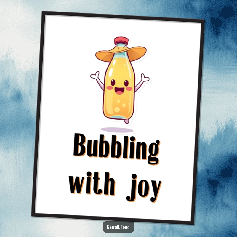 Funny soda bottle character wearing a straw hat, performing an ecstatic celebratory jump, available as a high-resolution digital art print.