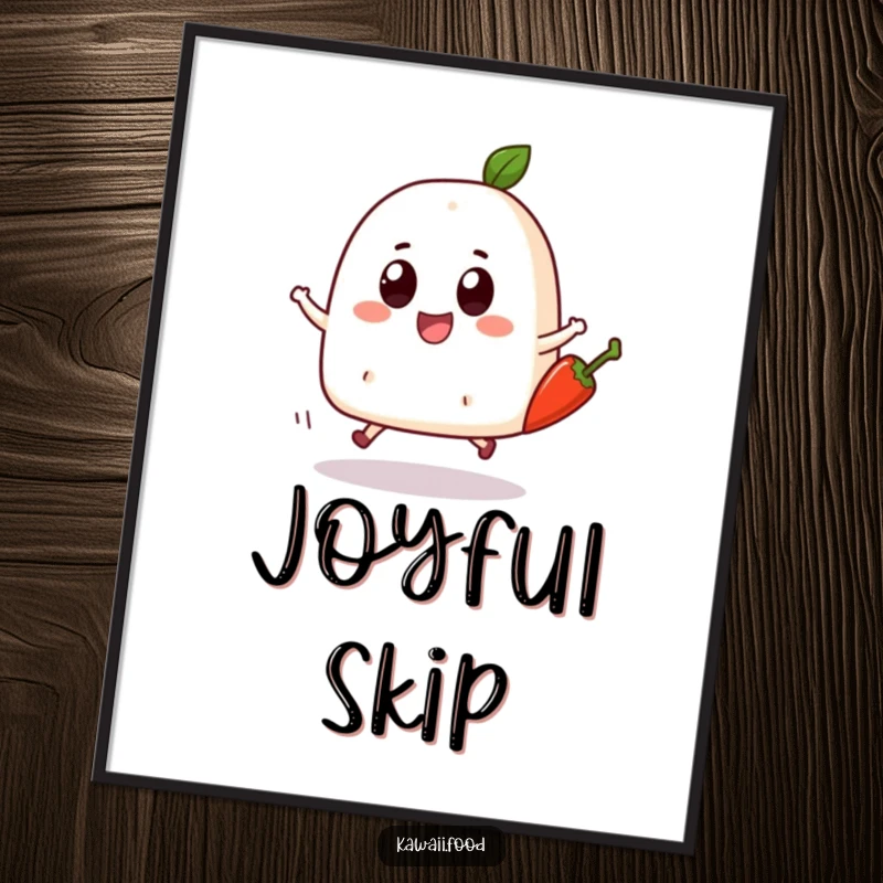 Funny Onigiri Skip Digital Art Print: A bouncing onigiri character with big eyes joyfully skipping with a chili pepper, vibrant and humorously spicy.
