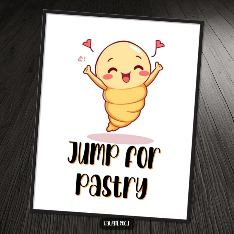 Funny Digital Art: High-resolution artwork of a curious croissant in a celebratory jump, for cheerful displays.