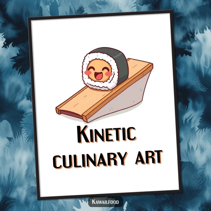 Funny digital art print of a smiling sushi roll sliding down a ramp, perfect for vibrant and humorous decor.
