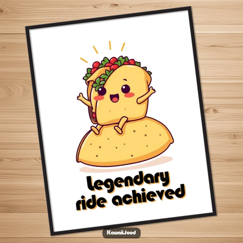 Funny digital art print of a taco with legs triumphantly riding a giant tortilla, embodying hilarious food celebration.