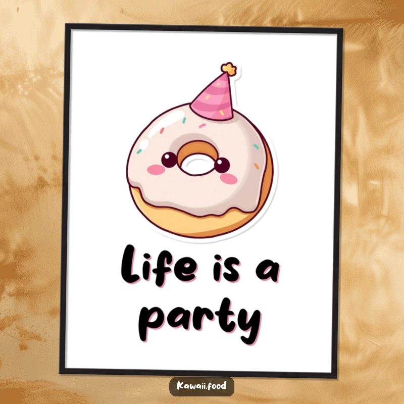Funny donut character digital art print wearing a tiny party hat, instant sweet celebration art, a great funny gift.