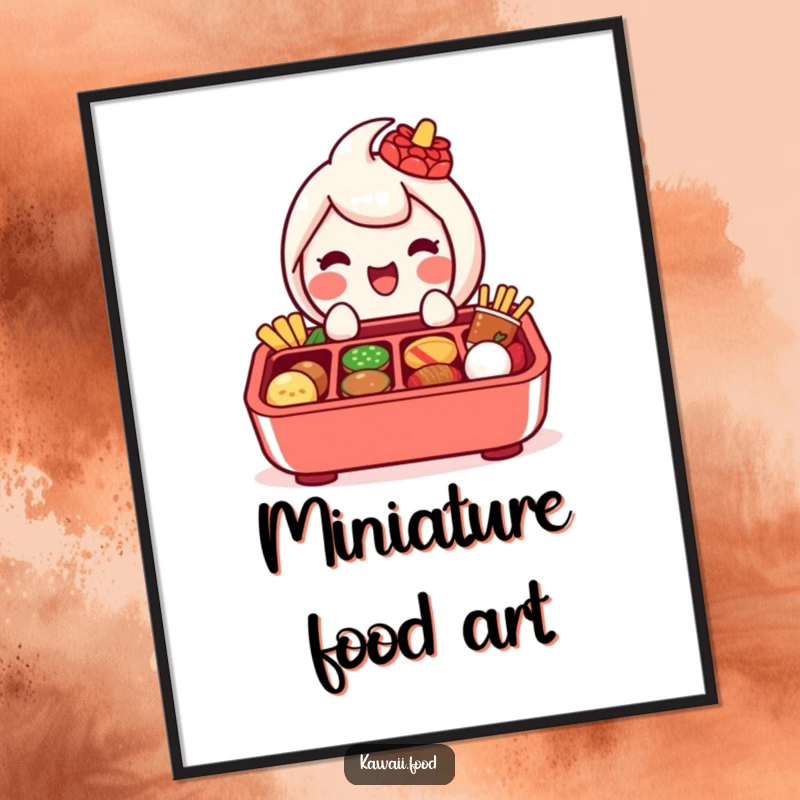Funny digital art print of a delighted bento box character with compartments, happily presenting miniature food items.