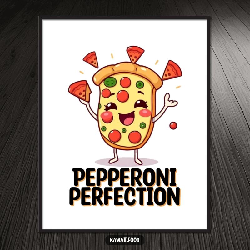 Funny digital art print of a joyful pizza character juggling pepperoni slices, ideal for adding playful food humor and personality to wall decor.