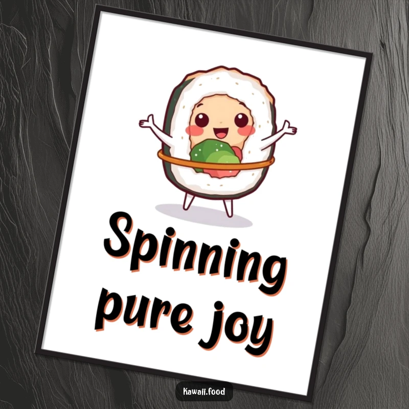 Funny digital art print of a cheerful sushi roll character spinning a tiny hula hoop, instant playful decor.