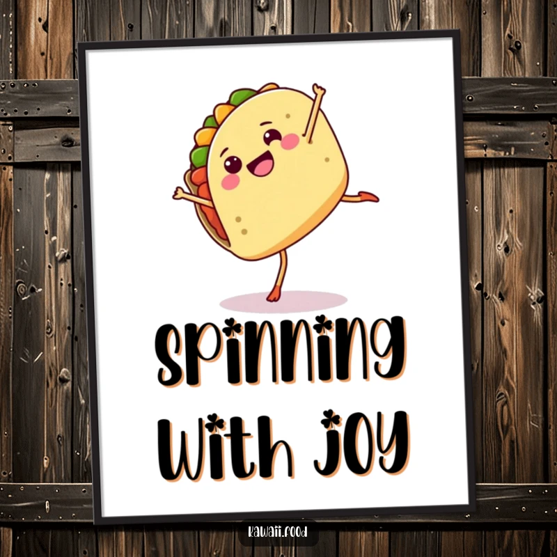 Funny digital art print of a happy taco with legs doing a cartwheel, perfect for vibrant and humorous home decor.