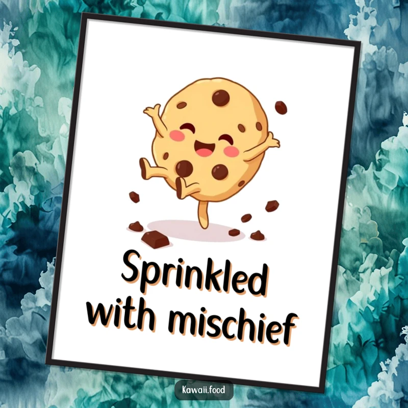 Funny Cookie Cartwheel Digital Art piece showing a giggling cookie character doing a cartwheel, chocolate chips scattering, for instant cheerful decor.