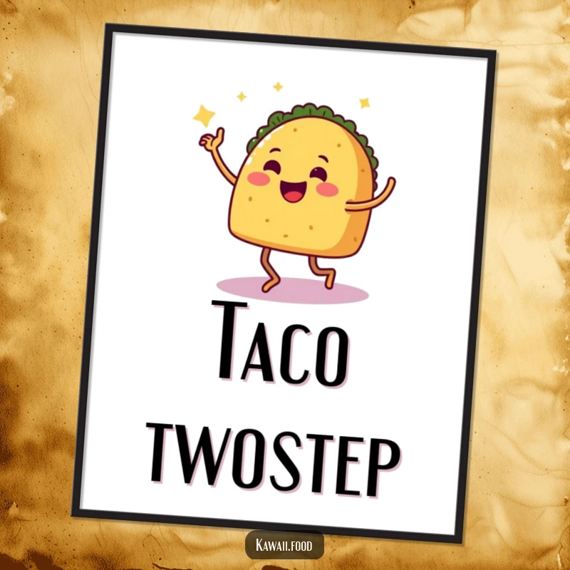 Funny Digital Art Print: A smiling taco with legs captured mid-salsa dance, bringing festive energy and humorous celebration to wall decor.