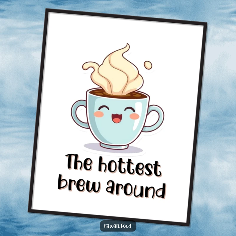 Funny digital art print of a cheerful coffee cup character comically overflowing with steam, downloadable art for coffee lovers.