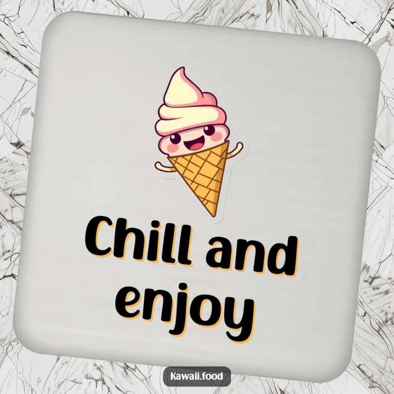 Funny drink coaster with a cheerful ice cream cone character spinning joyfully. Protects surfaces with sweet style.