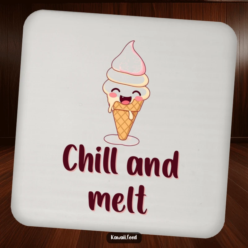 Funny drink coaster with a giggling ice cream cone melting and reforming, adding humor and protecting furniture.