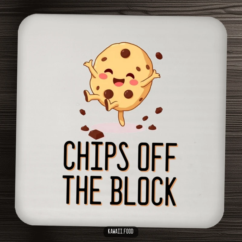 Funny Cookie Cartwheel Coaster graphic of a giggling cookie character doing a cartwheel, chocolate chips scattering, a delightful table protector.