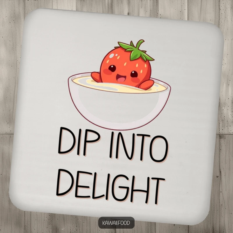 Funny drink coaster with a happy strawberry character comically attempting to swim in a bowl of cream, adding fun to drinks.