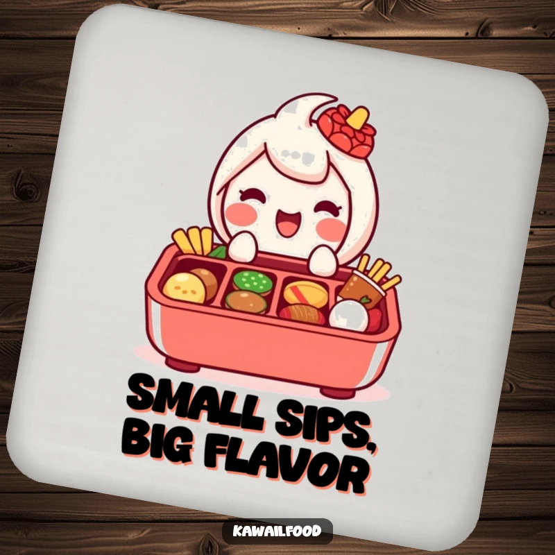 Funny coaster featuring a delighted bento box character with compartments, happily presenting miniature food items.