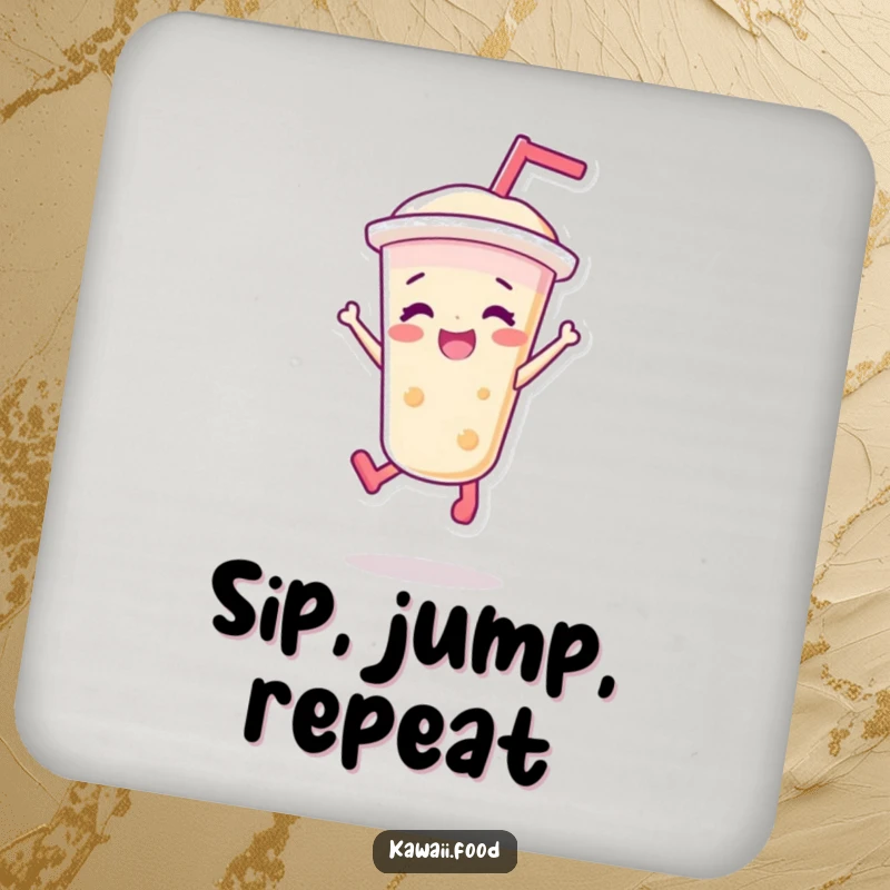 Funny drink coasters depicting a vibrant bubble tea character in a joyful jump, adding a humorous and protective touch to tabletops.