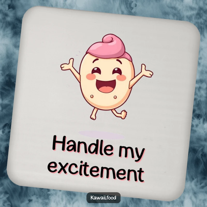 Funny drink coaster with a delighted candy character comically bouncing with extreme enthusiasm, adding cheer to any drink setting.