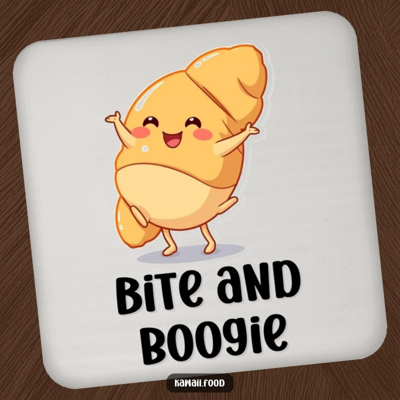 Funny Drink Coaster: A happy croissant character doing a cartwheel, offering a humorous and functional piece to protect surfaces.