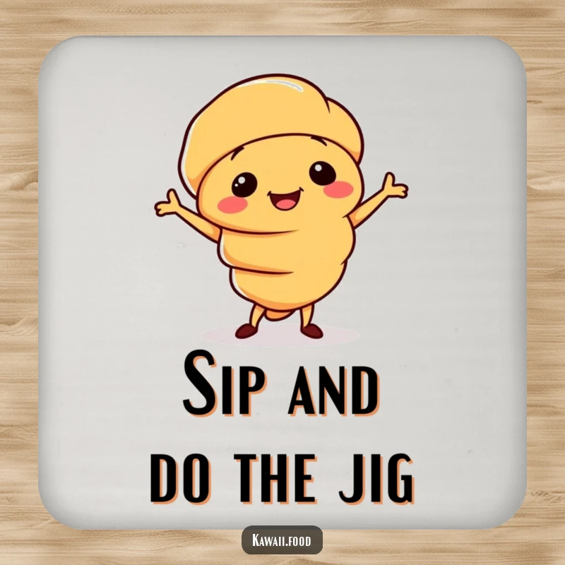 Funny drink coaster with a smiling croissant character doing a silly little jig, adding a touch of bakery fun to your drinks.