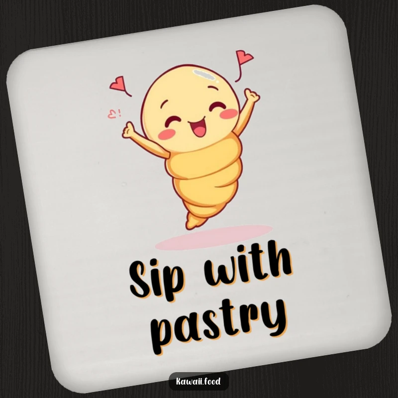 Funny Coaster: Illustration of a curious croissant mid-jump, adding a playful and protective element.