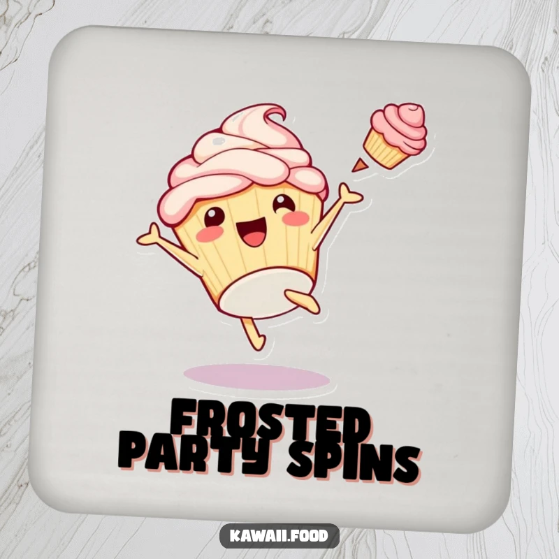 Funny coaster showcasing a playful cupcake character doing a cartwheel with frosting flying, protecting surfaces with sweet style.