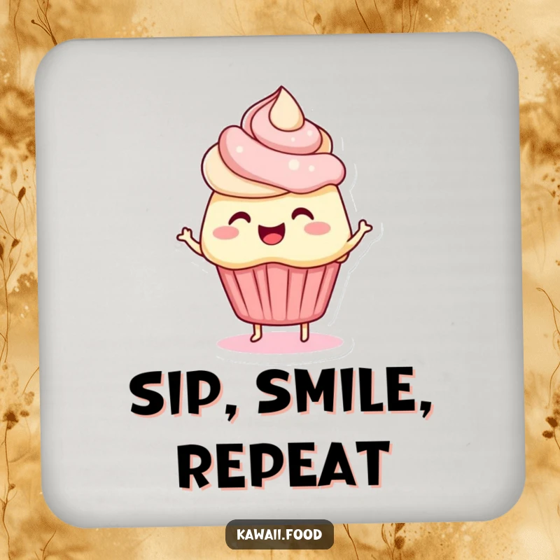 Funny drink coaster featuring a 'bouncing cupcake' character with vibrant frosting hair, wiggling playfully. Protects surfaces with charm.