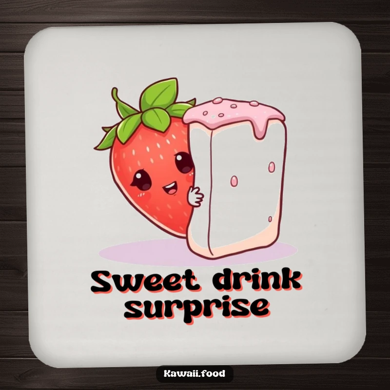 Funny curious strawberry wearing a leaf hat, peeking from behind a giant sugar cube, adding a humorous touch to this drink coaster.