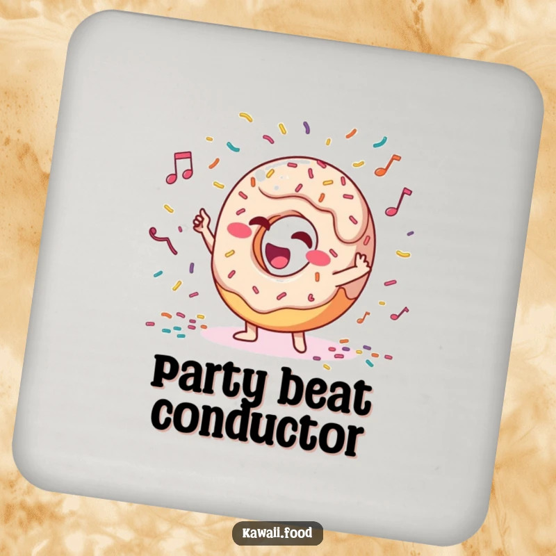 Funny coaster showcasing a giggling donut character conducting an orchestra of sprinkles, protecting surfaces with musical flair.