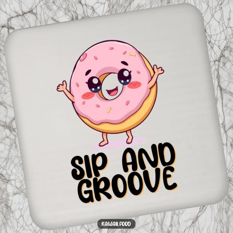 Funny drink coasters featuring a cheerful donut with eyes doing a playful dance, perfect for protecting surfaces.