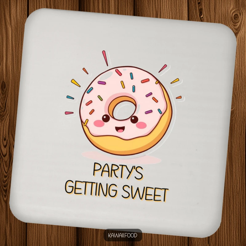 Cheerful donut character with sprinkles comically flying off its sides, adorning these humorous drink coasters for surface protection.