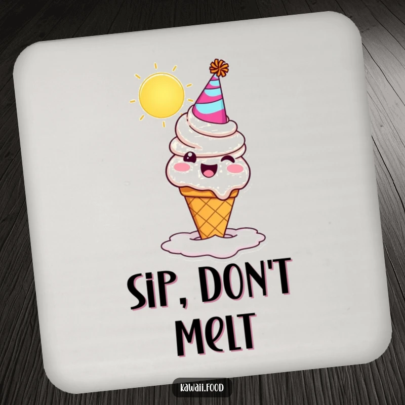 Funny ice cream cone character wearing a party hat, comically melting under the sun. A protective and funny drink coaster.