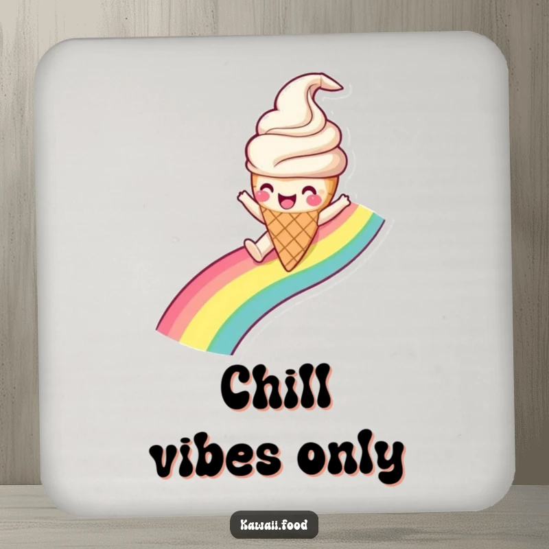 Funny Ice Cream Cone Coaster graphic of a happy ice cream character gleefully sliding down a rainbow, a delightful table protector.