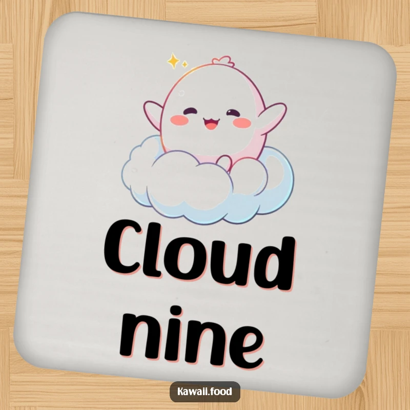 Funny Mochi Cloud Coaster: A happy mochi character bouncing enthusiastically on a fluffy cloud, adding dreamy sweetness to surfaces.