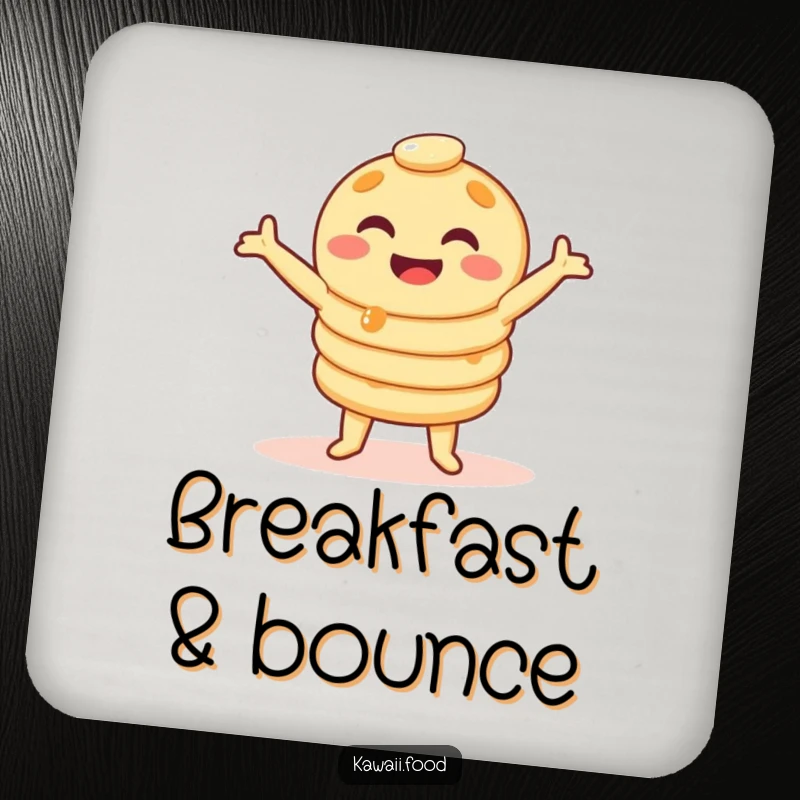 Funny pancake stack coaster in a silly wobble dance pose, protecting surfaces with breakfast humor, a delightful funny gift.