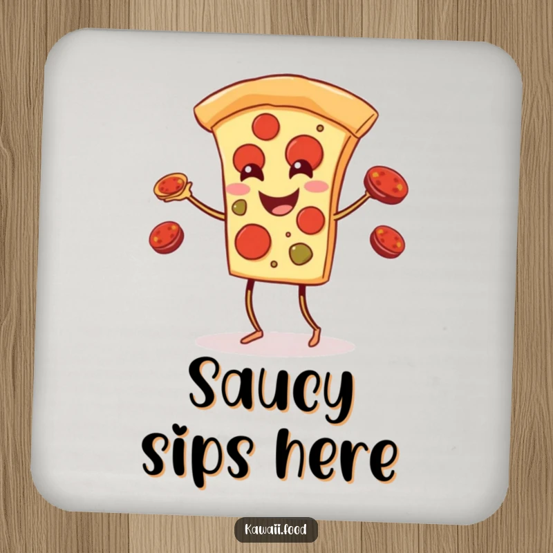Funny pizza slice with legs juggling pepperoni toppings on drink coasters, a humorous and practical addition to any home.