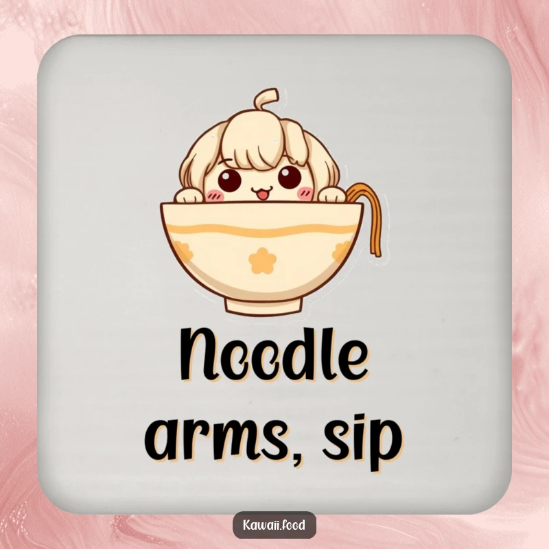 Funny Ramen Coaster featuring a curious ramen bowl character peeking out with tiny noodle arms, a humorous table protector.