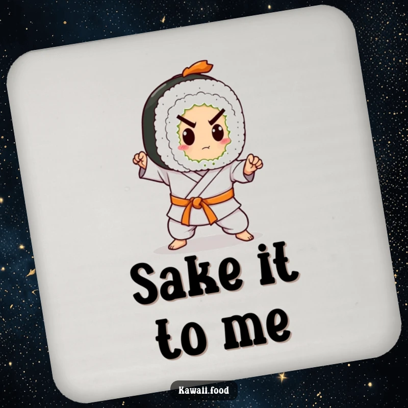 Funny drink coaster with a sushi roll character in a karate belt, poised for a chop. Protects surfaces with flair.