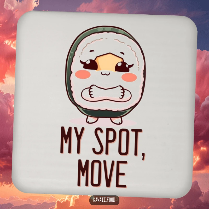 Funny drink coasters showing a sushi roll character with crossed arms, playfully shooing, adding sassy decor to any beverage setting.