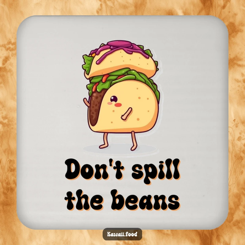 Funny coaster set with a taco with legs balancing a burrito on its head, adding a humorous and protective element.