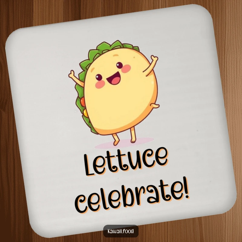 Funny drink coasters featuring a happy taco with legs doing a cartwheel, perfect for protecting surfaces.