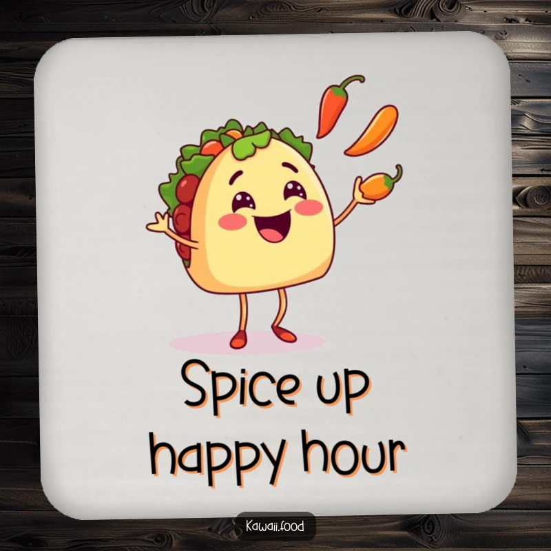 Funny smiling taco character with tiny legs juggling three colorful chili peppers, adding a humorous touch to this drink coaster.