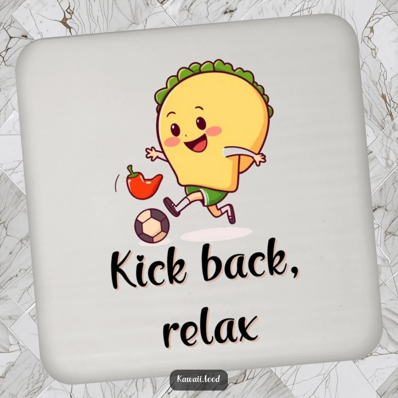 Funny drink coaster showing a smiling taco character gleefully kicking a tiny chili pepper soccer ball, protecting surfaces with flair.