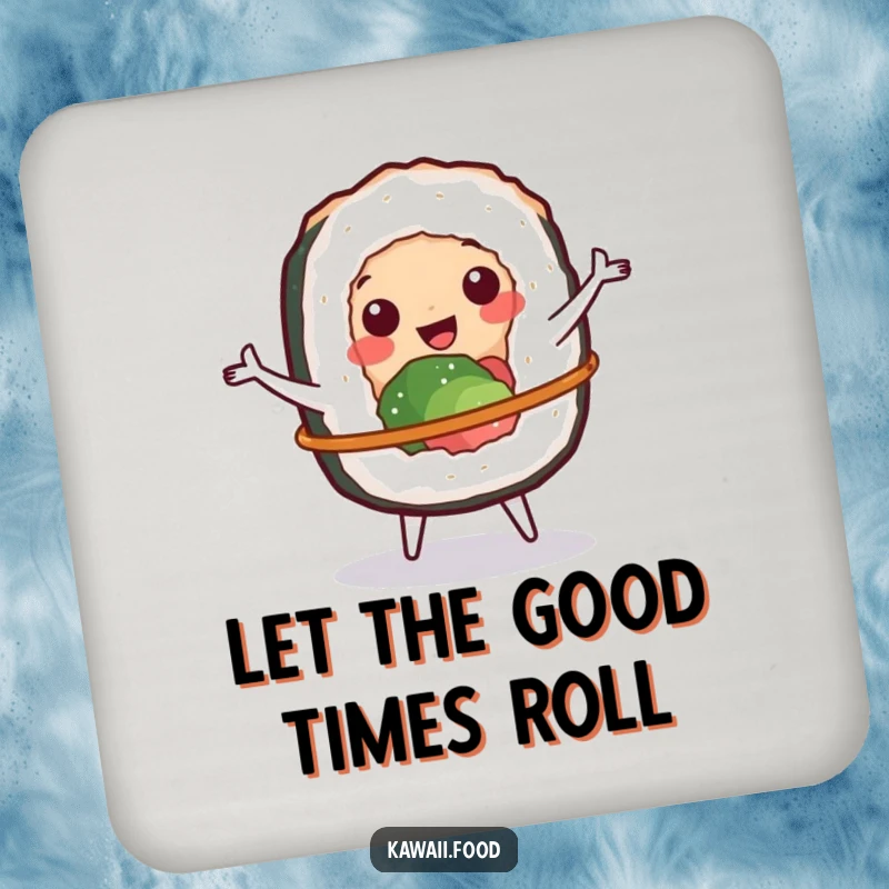 Funny drink coaster of a cheerful sushi roll character spinning a tiny hula hoop, adding playful charm to your table.