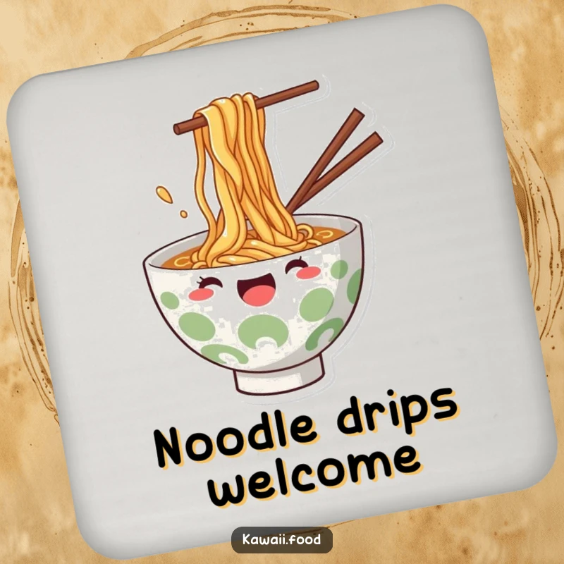 Funny Coaster: Charming design of a ramen bowl joyfully splashing noodles, protecting surfaces with humor.