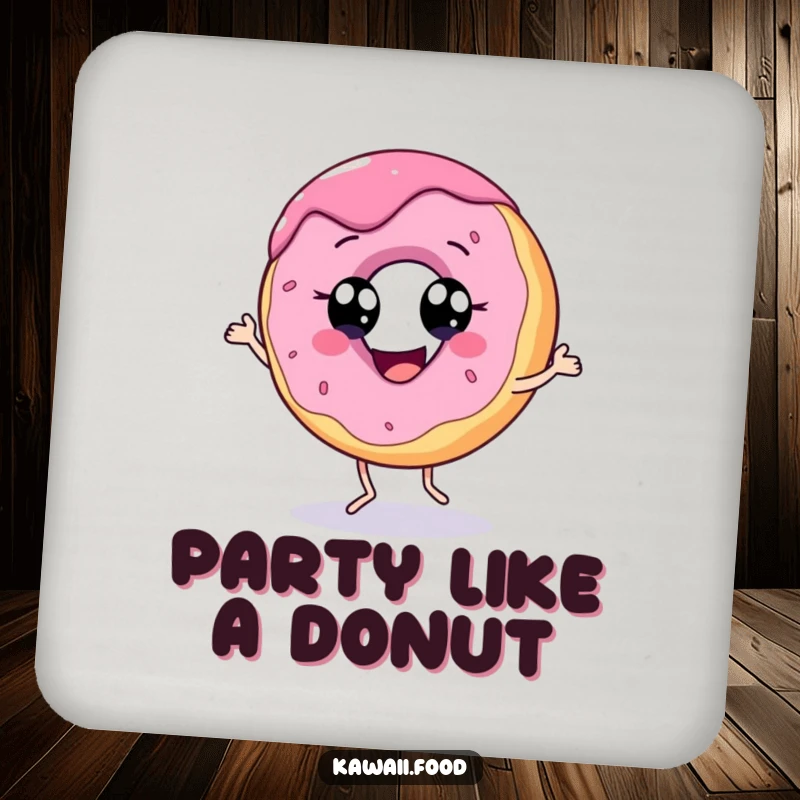 Funny drink coaster with a cheerful donut character dancing, adding humor and protecting furniture from spills.