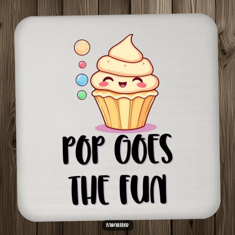 Funny drink coaster with a delighted cupcake blowing colorful bubbles, adding humor and protecting furniture.