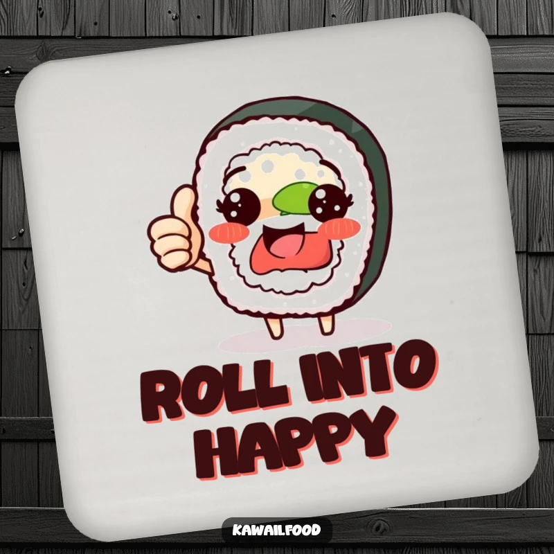 Funny sushi roll character coaster giving a proud thumbs up, protecting surfaces with sushi pride, a delightful funny gift.