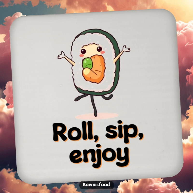 Cheerful sushi roll performing a pirouette, on a protective drink coaster, adding elegant humor to surfaces.